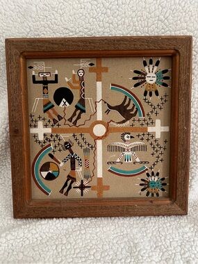 Vintage & Authentic Framed Navajo Sand Art, Coyote Stealing Fire, J.M. Cambridge